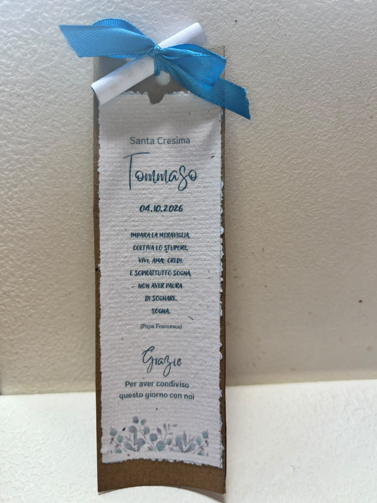 Segnalibro per cresima con fiocco blu